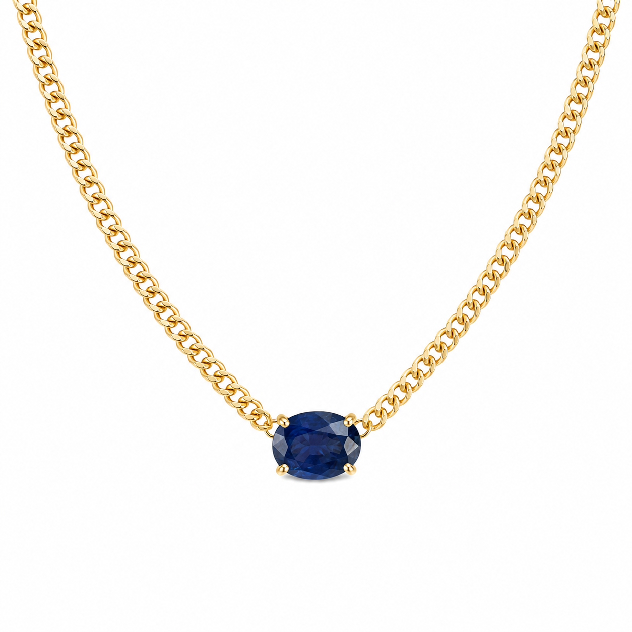 Blue Sapphire Oval on Cuban Chain Necklace