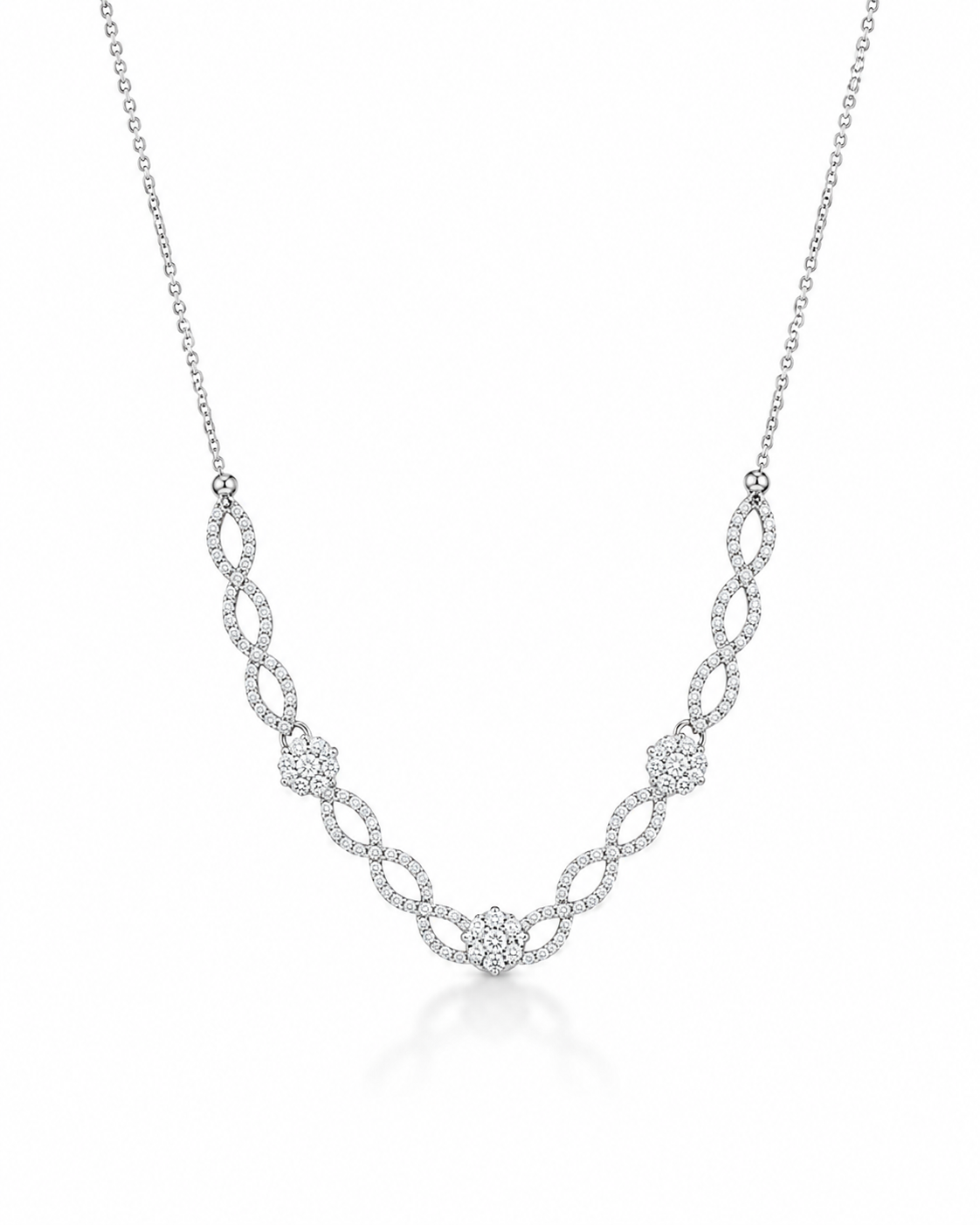 Diamond Twisted Oval Link W 3 Station Flower Necklace