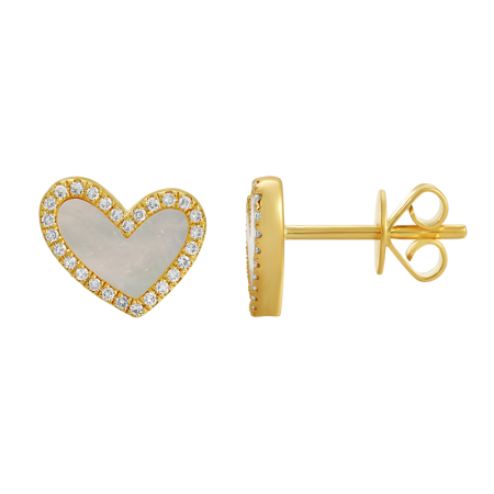 Slanted Mother of Pearl and Diamond Heart Studs