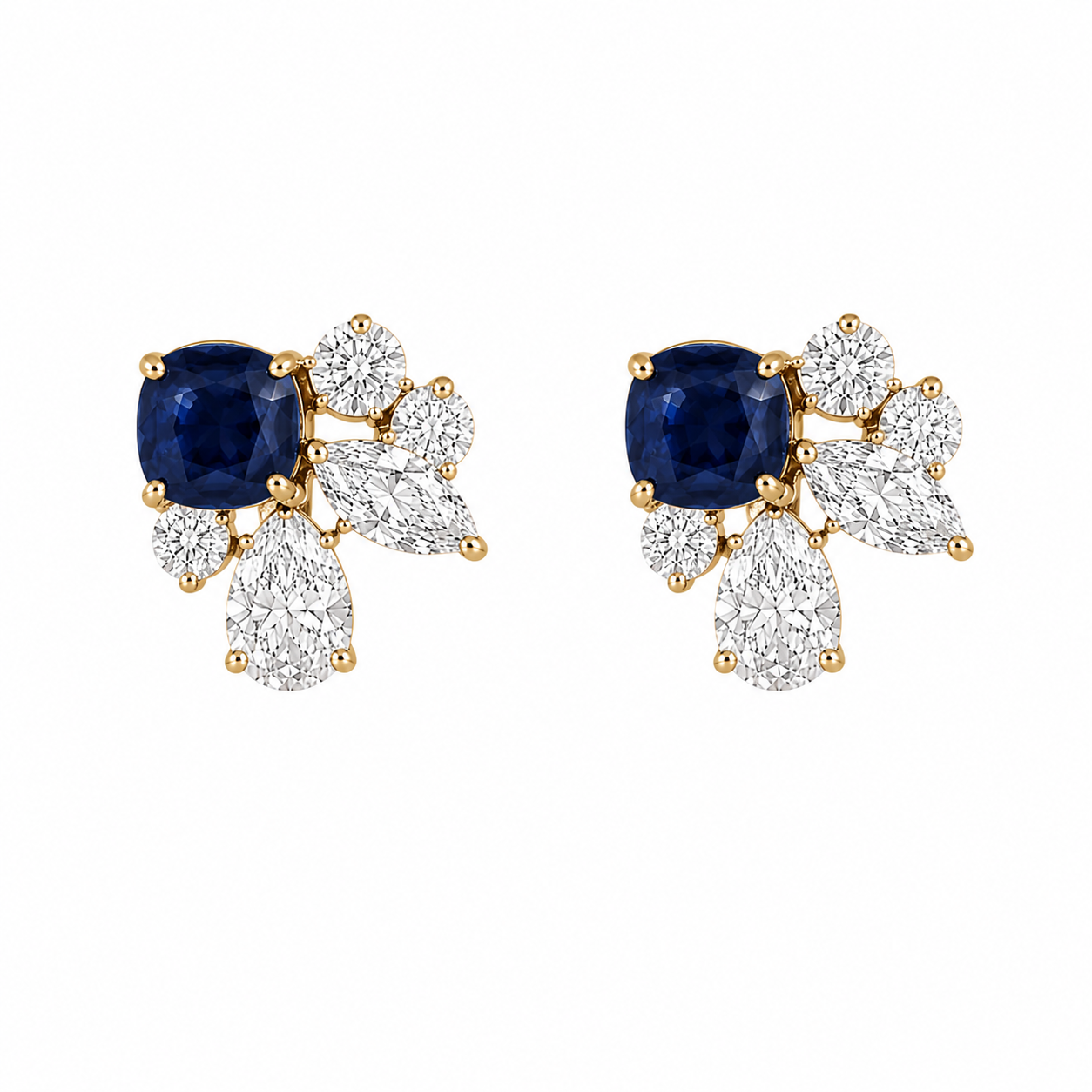 Lab Diamond Mixed Shape & Blue Sapphire Cluster Earrings