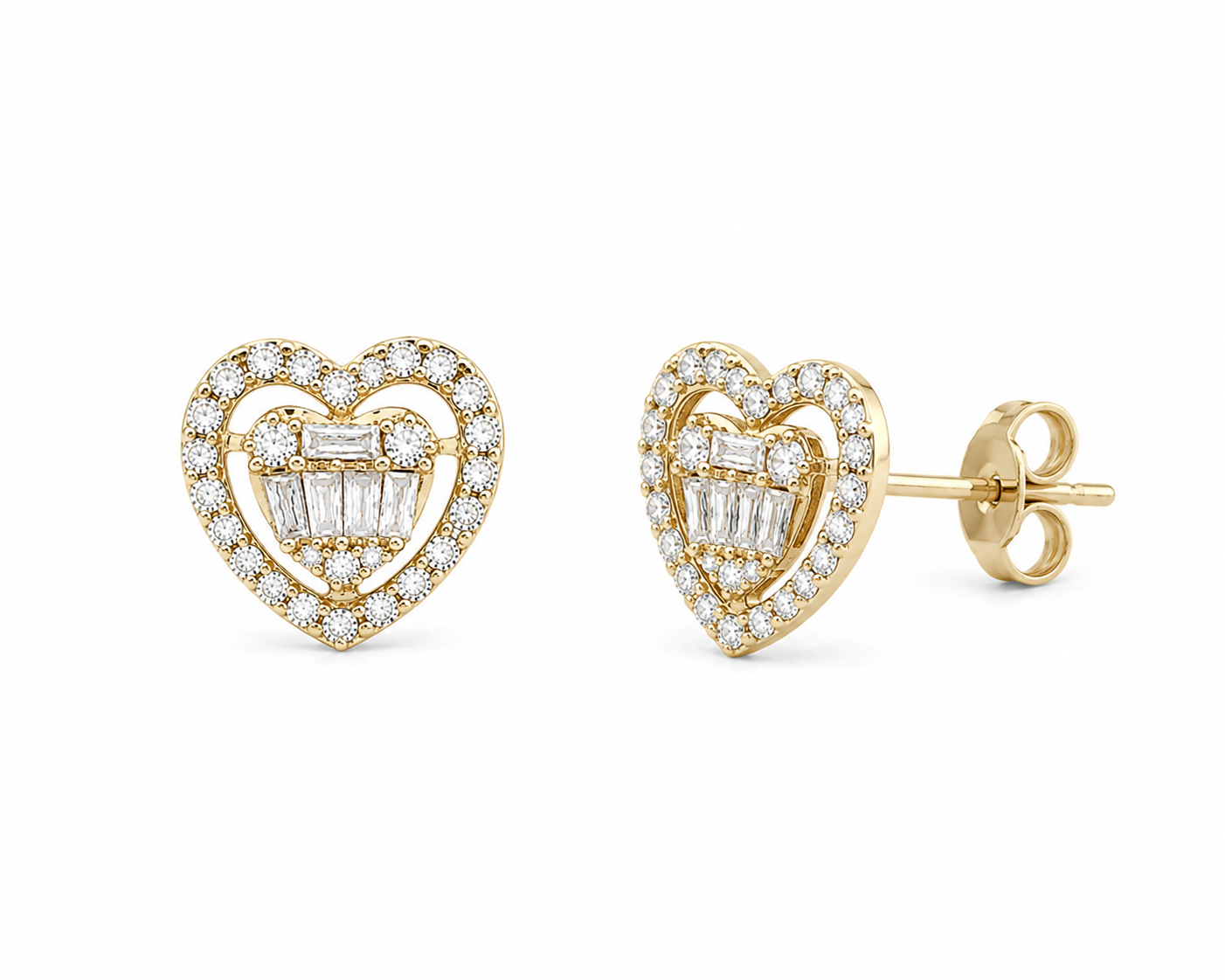 Small Baguette Diamond Halo Heart Earrings