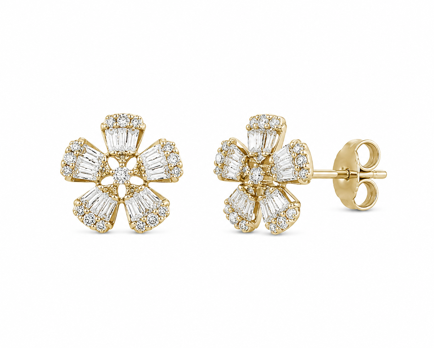 5 Petal Baguette Diamond Flower Earrings