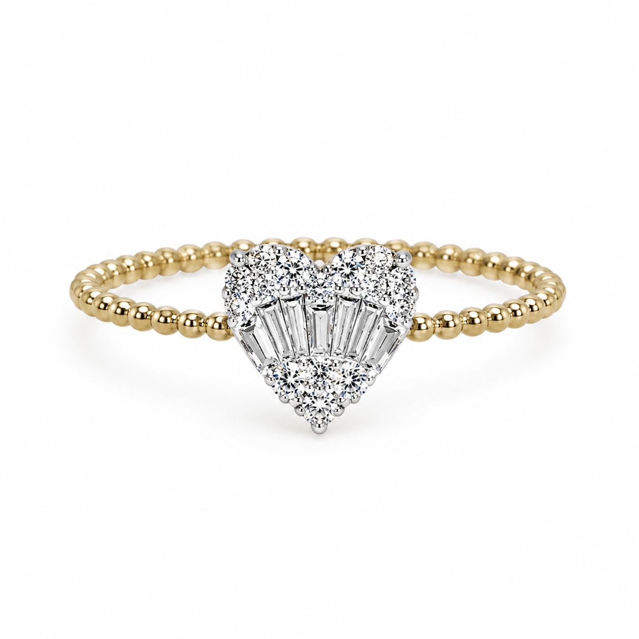 Baguette Diamond Heart Ring on Ball-Detail Band