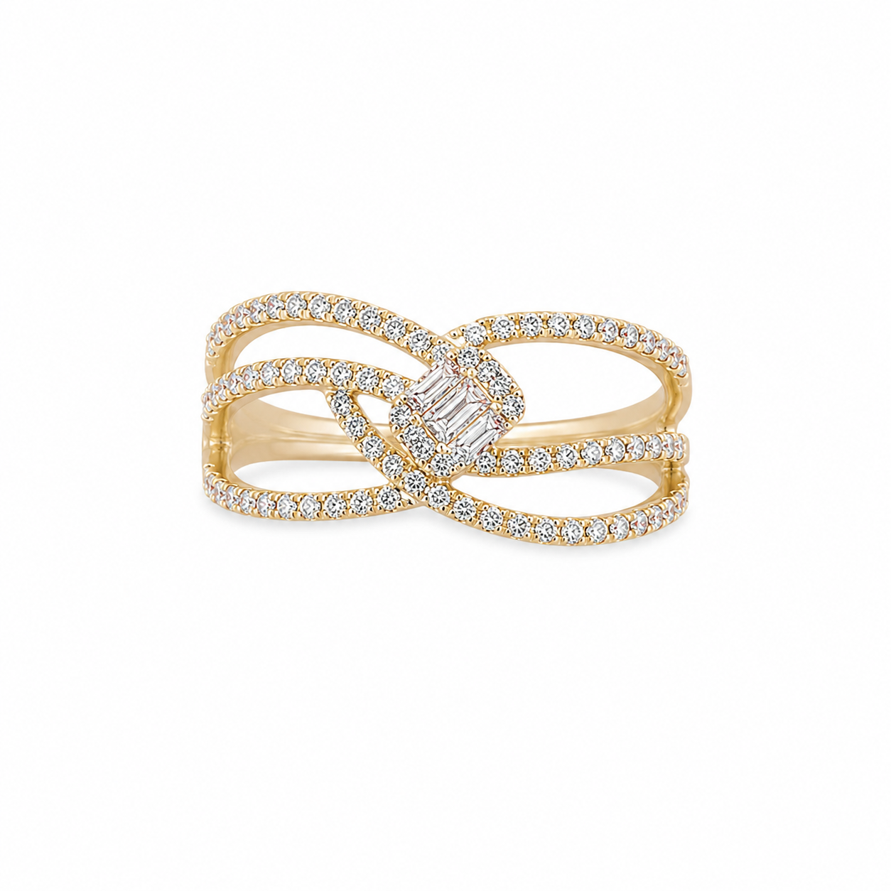 Pave Diamond Interlocking Ring with Center Baguette Emerald