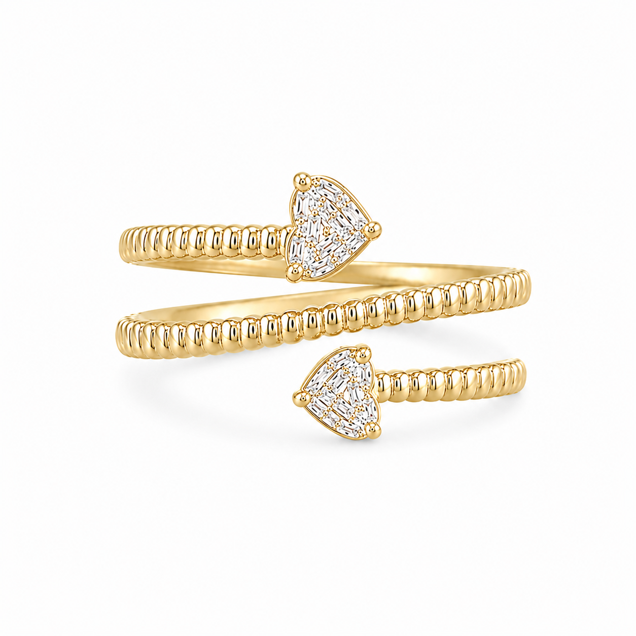 Fluted Baguette Diamond Hearts Wrap Ring
