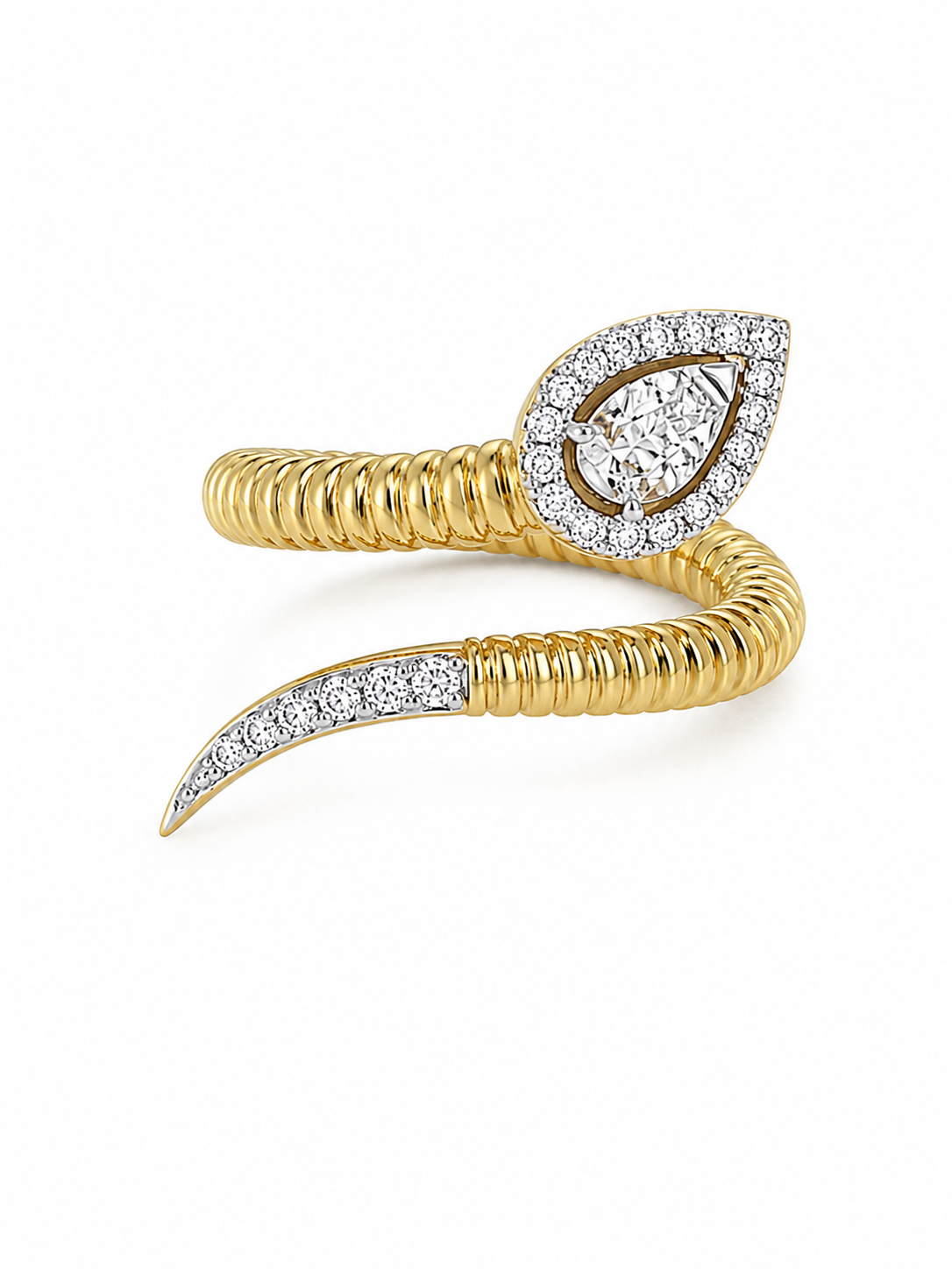 Fluted Gold & Pavé Diamond Pear Snake Ring