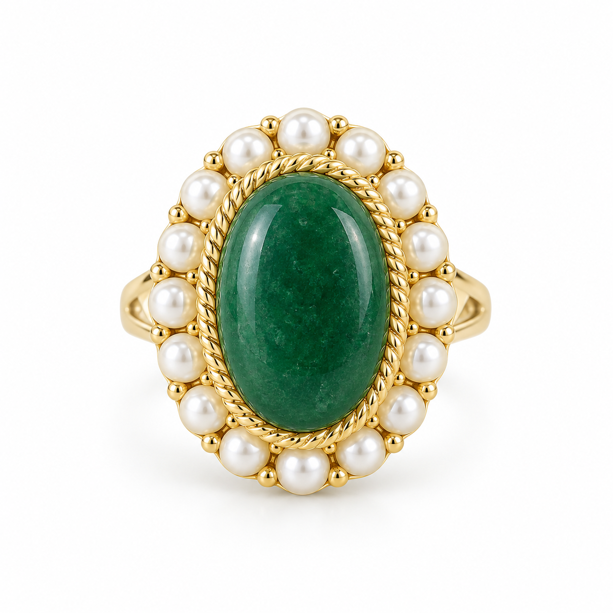 Green Stone & Pearl Halo Ring
