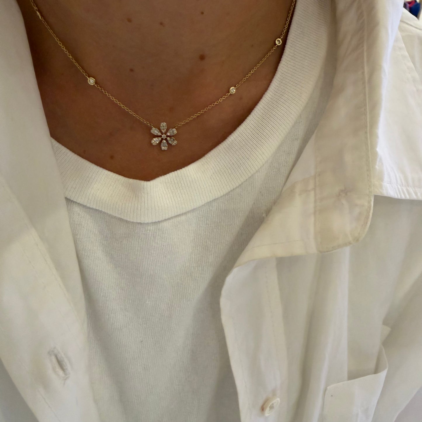 6 Petal Baguette Flower & 4 Station Bezel Diamond  Necklace