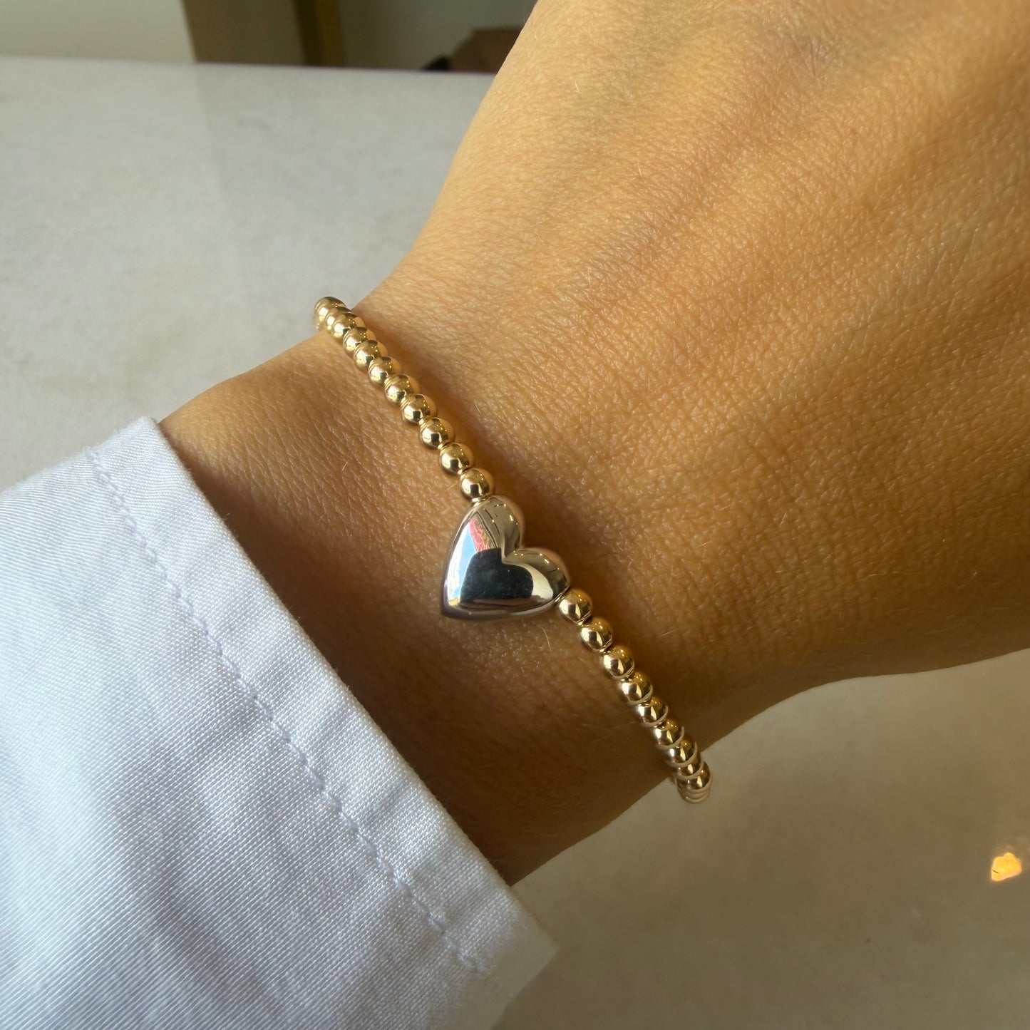3 mm Stretch Ball Bracelet W  Puffed Heart