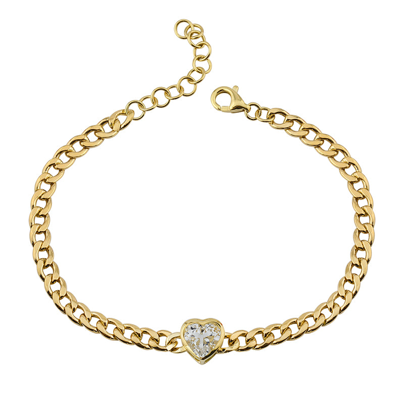Lab Diamond Bezel Heart on Cuban Chain Bracelet
