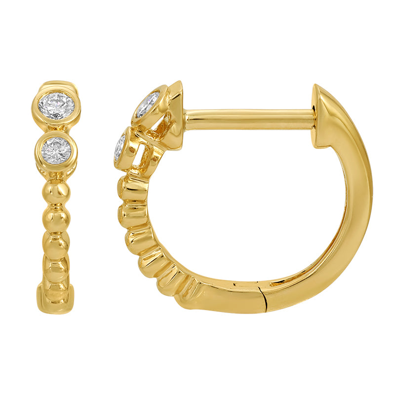 Gold Ball & 2 Bezel Diamond Huggie Earrings