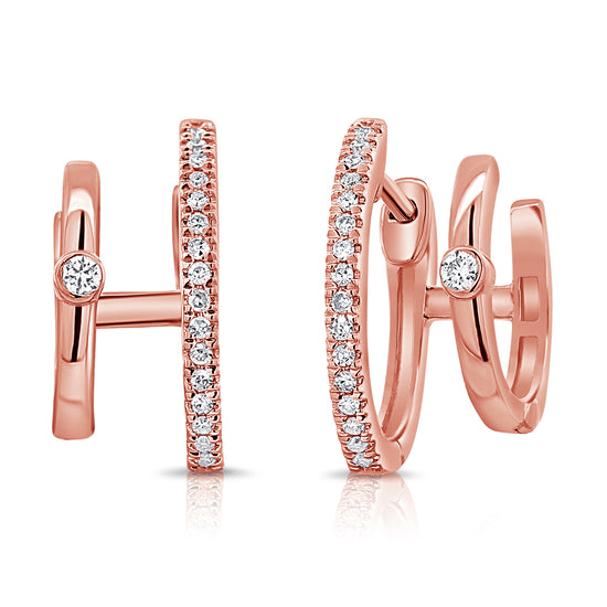 Double Pave Diamond & Single Bezel Stone Huggie Earrings