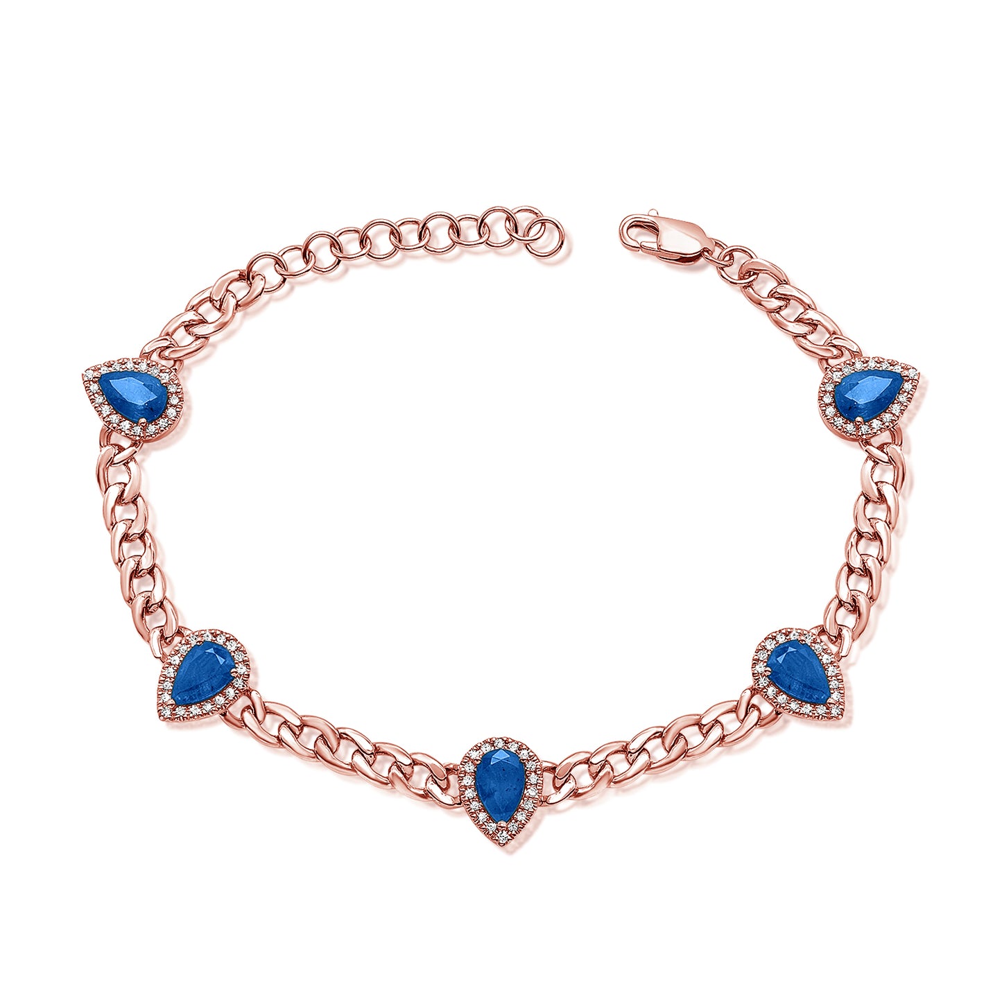 5 Station Pear Shaped Sapphire & Diamond Halo on Cuban Chain Bracelet