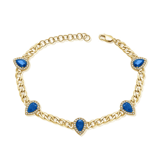 5 Station Pear Shaped Sapphire & Diamond Halo on Cuban Chain Bracelet