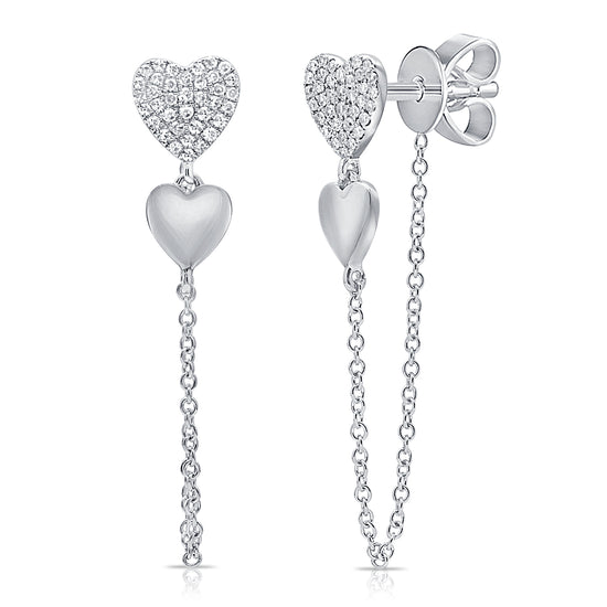 Diamond Heart + Gold Heart And Hanging Chain Earrings