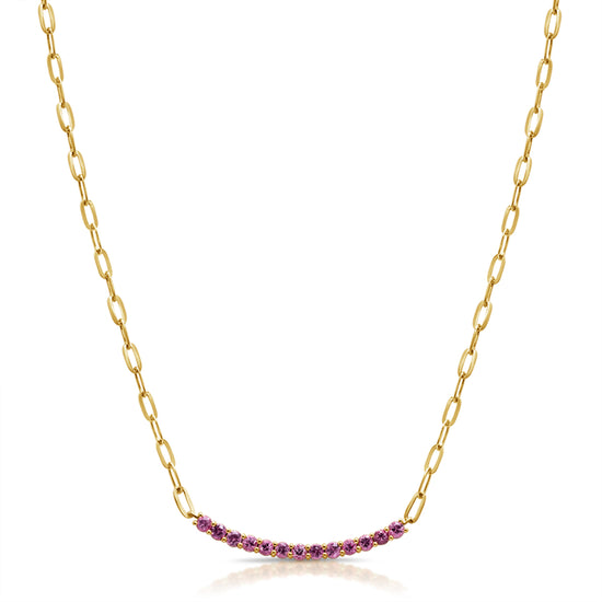 Curved Pink Sapphire Bar on Paperclip Necklace