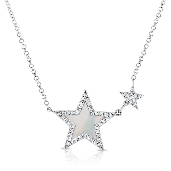 Mother of Pearl Star with Diamond Halo + Diamond Star on Chain Necklace