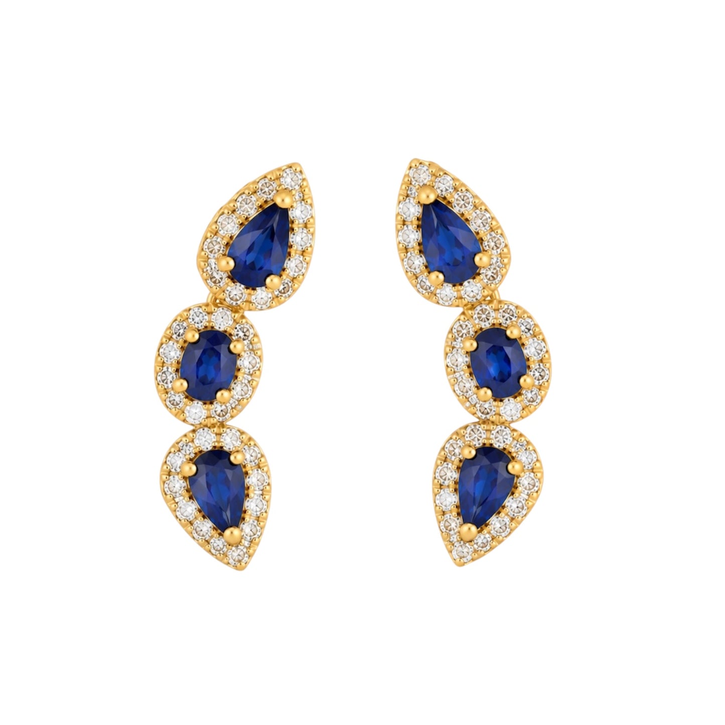 Three-Stone Blue Sapphire & Diamond Earrings