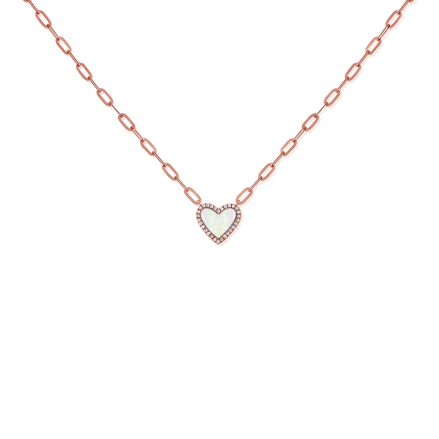 Mother Of Pearl Heart & Diamond Halo Necklace On Paperclip Chain