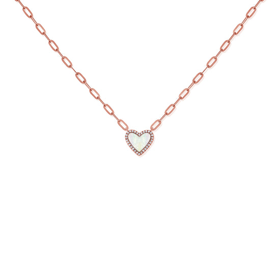 Mother Of Pearl Heart & Diamond Halo Necklace On Paperclip Chain