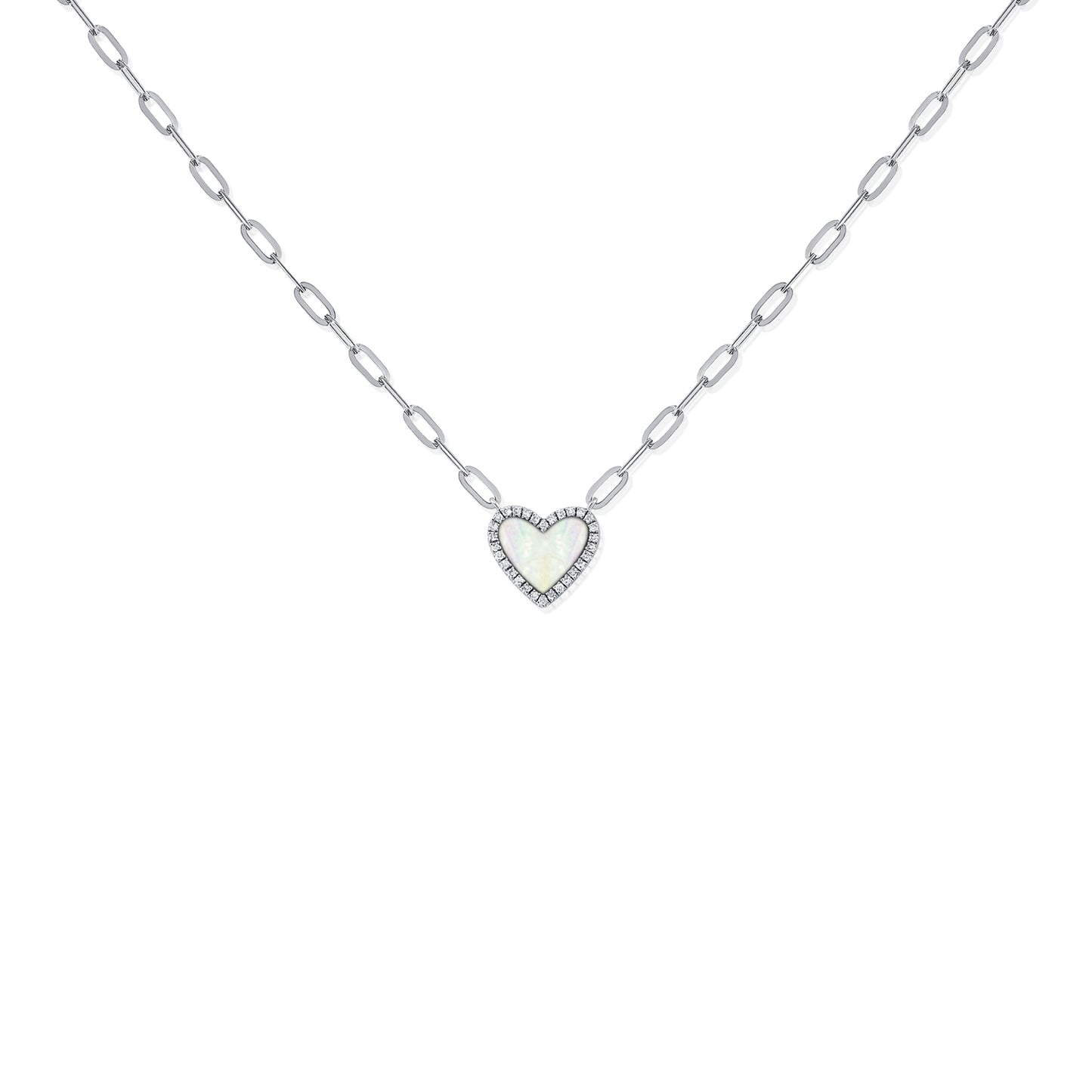 Mother Of Pearl Heart & Diamond Halo Necklace On Paperclip Chain