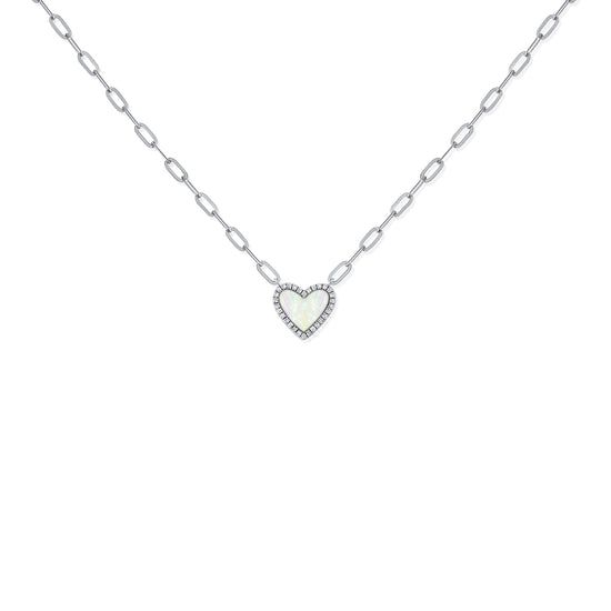 Mother Of Pearl Heart & Diamond Halo Necklace On Paperclip Chain