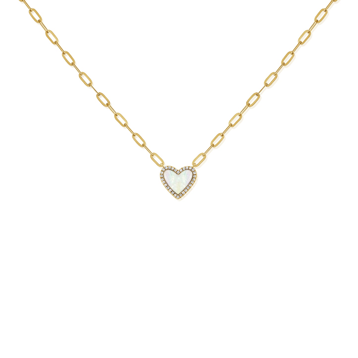 Mother Of Pearl Heart & Diamond Halo Necklace On Paperclip Chain