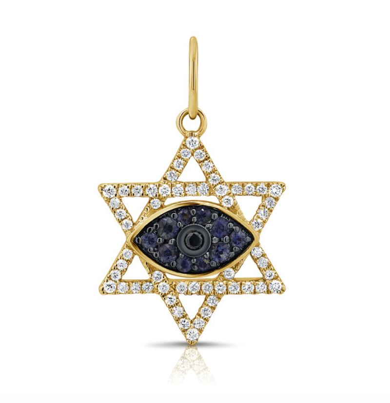 Small Diamond & Blue Sapphire Magen David & Evil Eye Charm