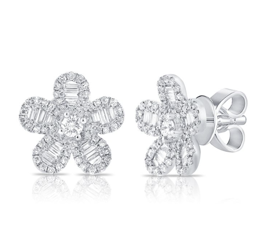 Baguette and Diamond Flower Studs