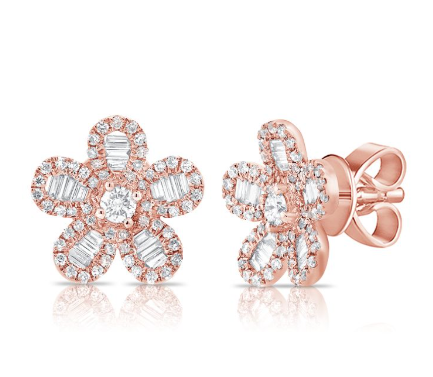 Baguette and Diamond Flower Studs
