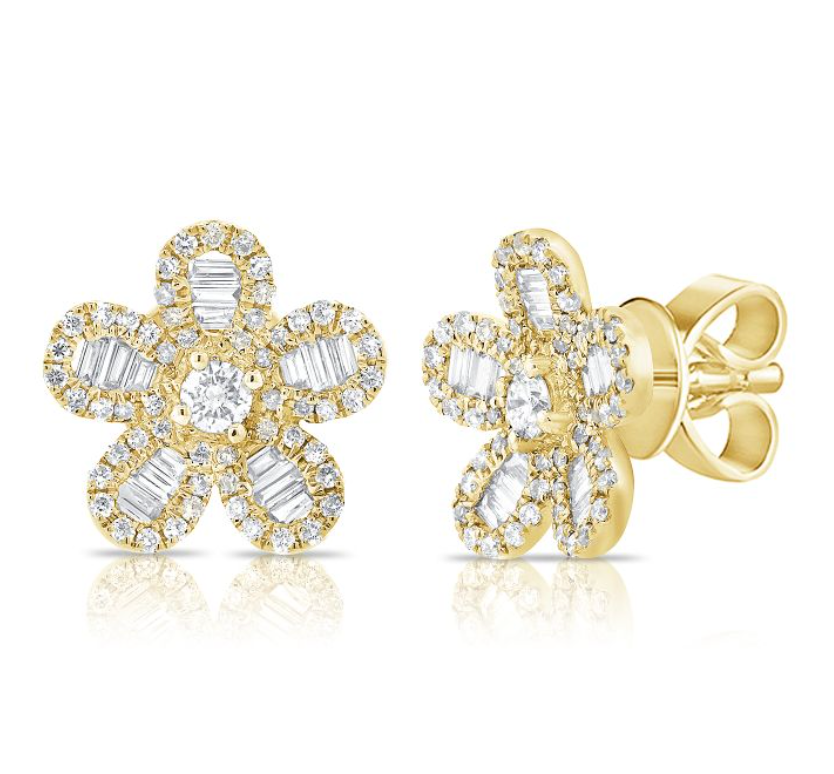 Baguette and Diamond Flower Studs