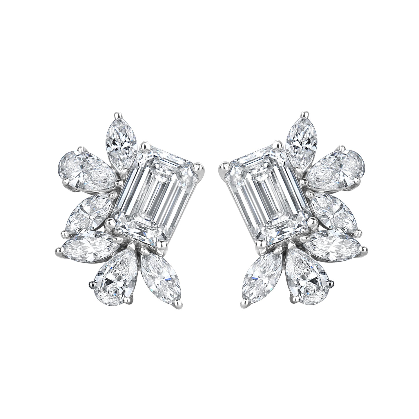 Lab Emerald With Marque & Pear Diamond Cluster Earrings