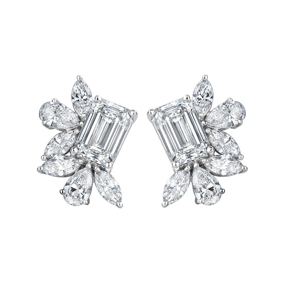 Lab Emerald With Marque & Pear Diamond Cluster Earrings