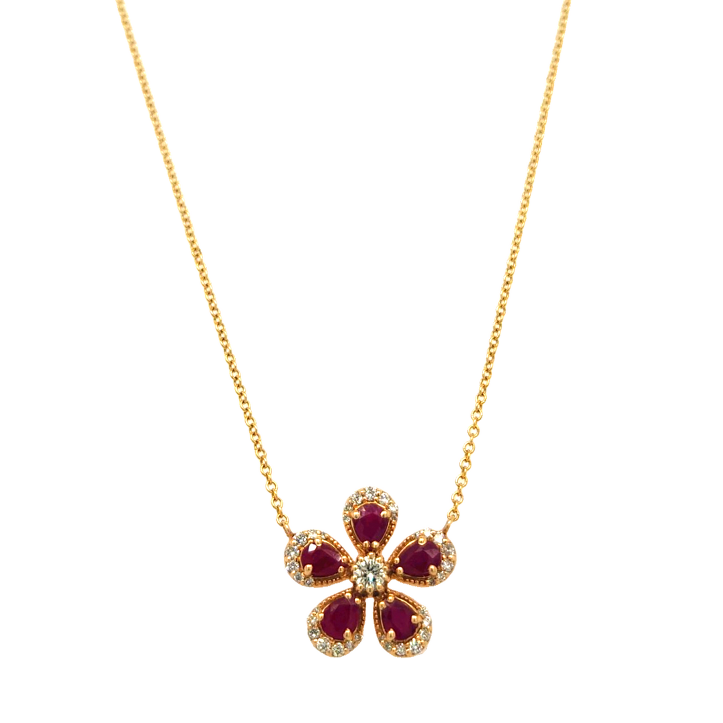 Chain Necklace With Ruby & Diamond Flower