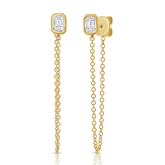 Large Dainty Bezel Baguette Diamond Earring with Chain