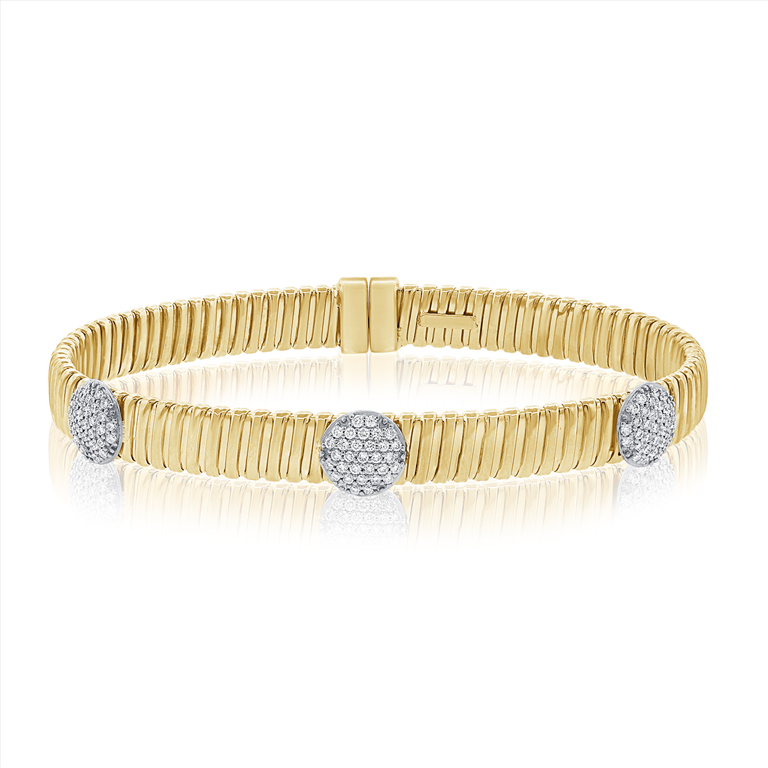 Flat Gold Ribbed Bangle & 3 Diamond Discs Cuff