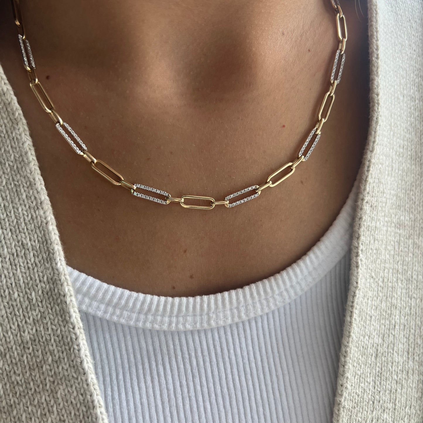 Alternating Diamond Gold Paperclip Necklace