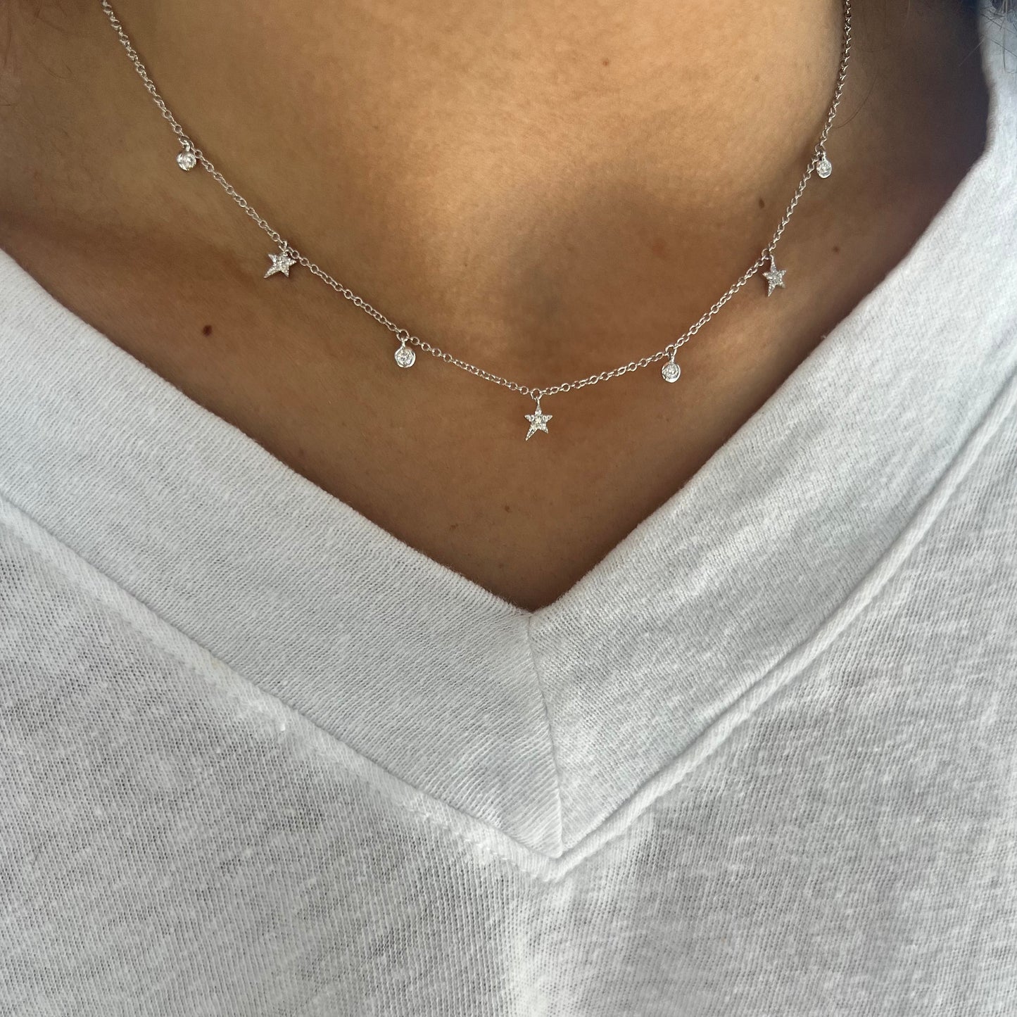 Dainty Hanging Bezel Diamond & Star Chain Necklace