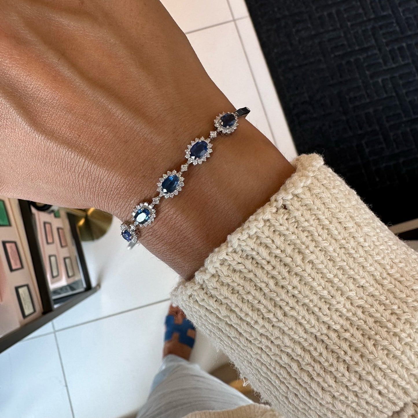 Oval Sapphire & Diamond on Bar Chain Bracelet