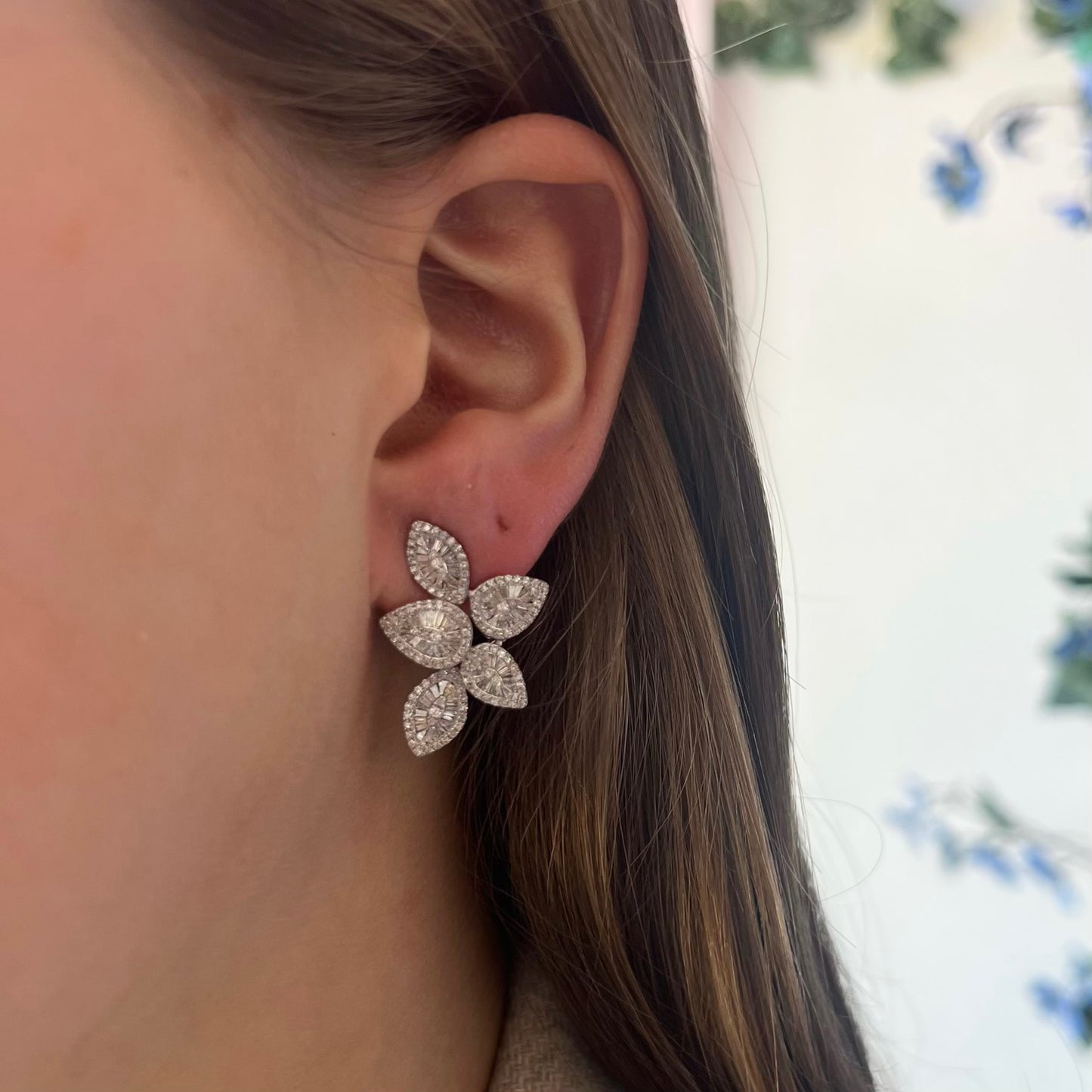 5 Petal Baguette Diamond Leaf Cluster Earrings
