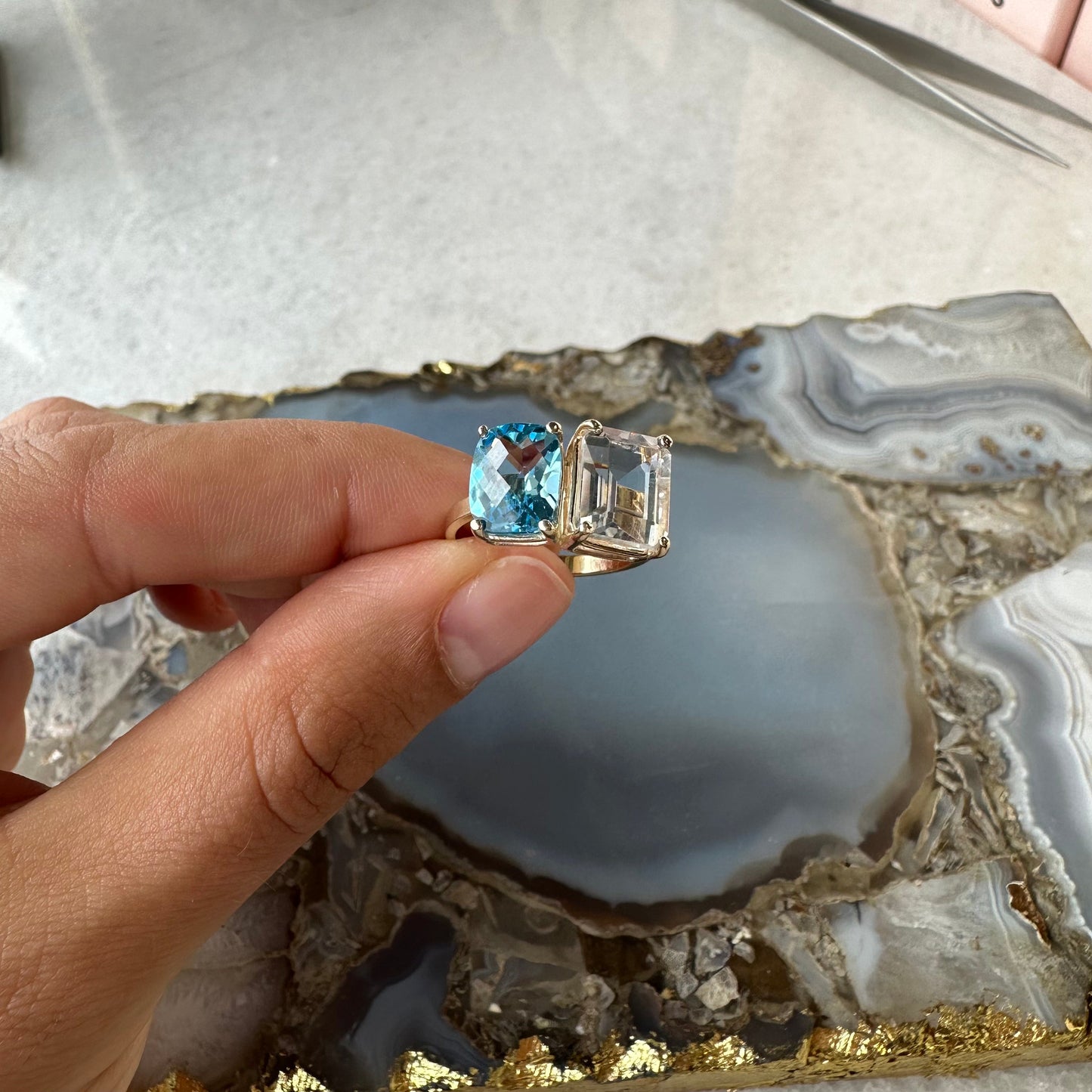 Two Stone Moissanite & Sky Blue Topaz Ring