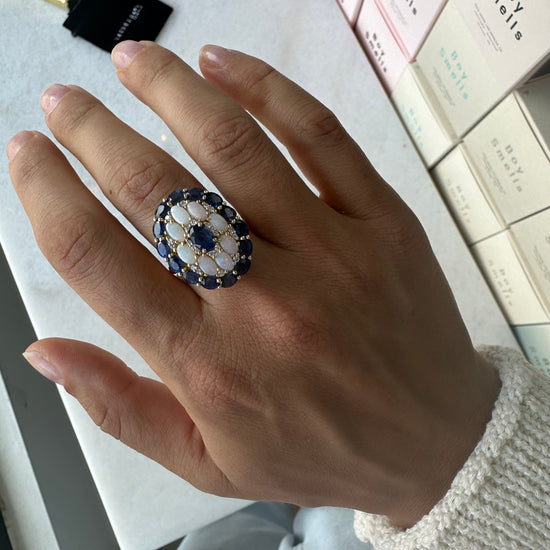 Blue Sapphire, Opal & Diamond Cocktail Ring
