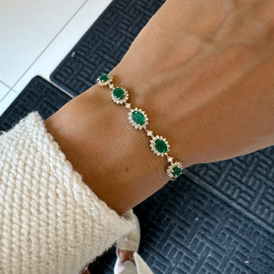 Oval Emerald & Diamond on Bar Chain Bracelet