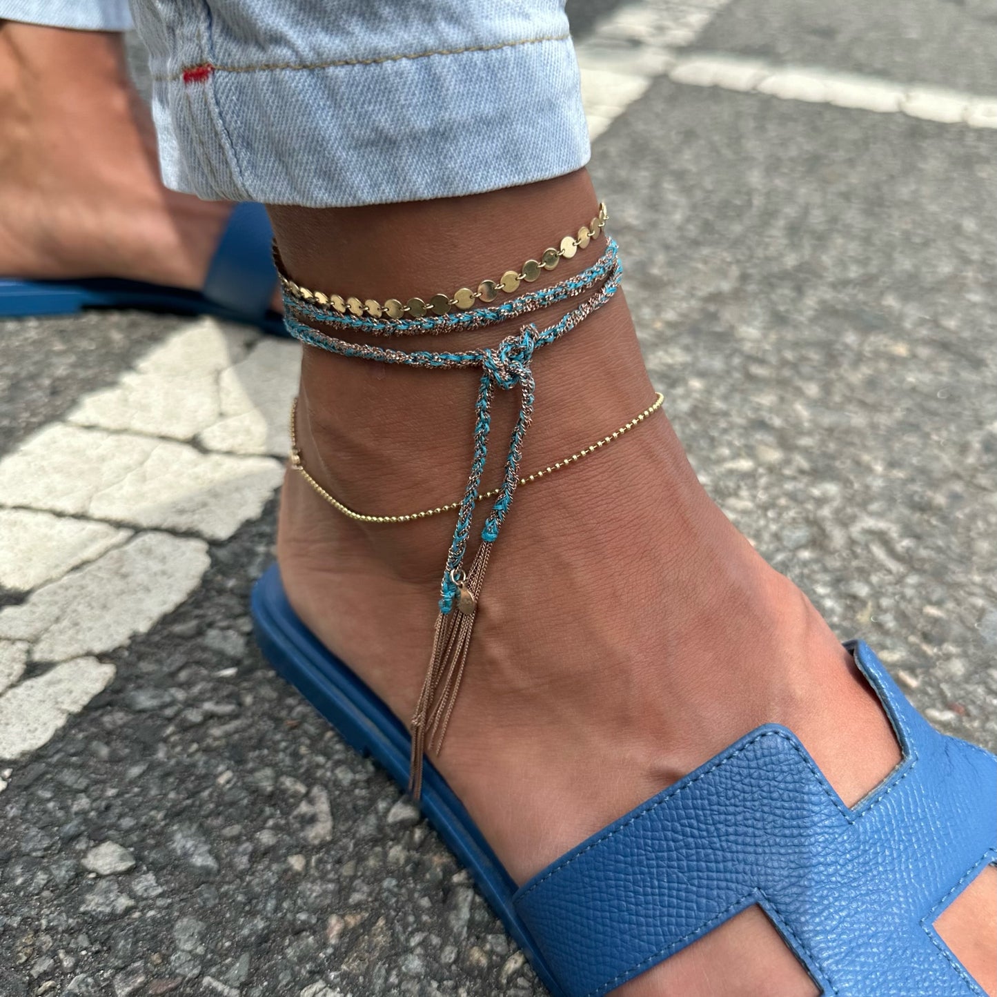 Turquoise & Rose Gold Plated Braided Silk Anklet