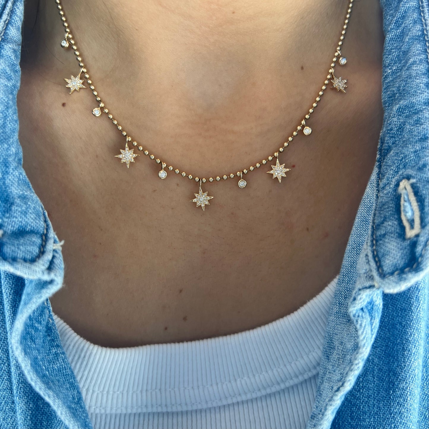 Ball Chain Necklace W Hanging Bezels & Diamond Stars