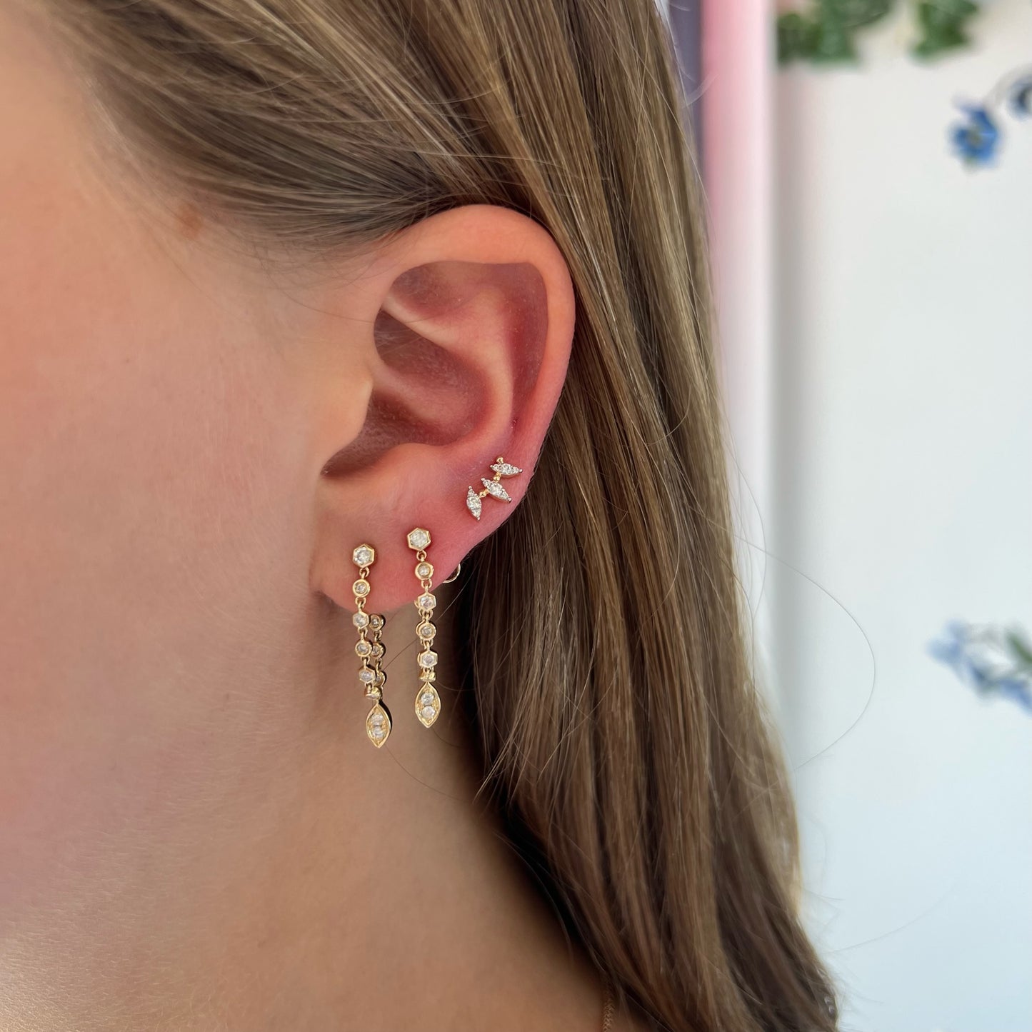 Gold Ear Cuff with Triple Ball Chain Stud Earring