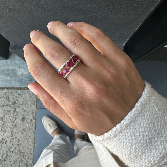 Pear Shaped Ruby & Pave Diamond Bands Ring