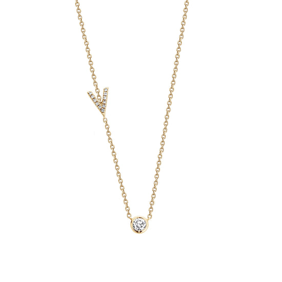 Bezel Diamond + Initial on Chain Necklace in Yellow Gold