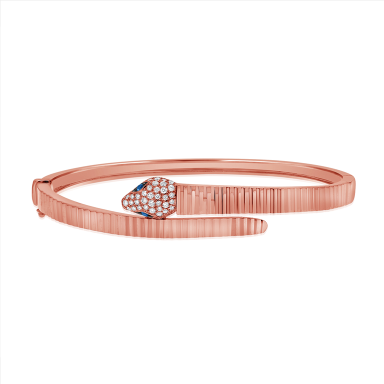 Ribbed Open Bangle With Diamond Snake