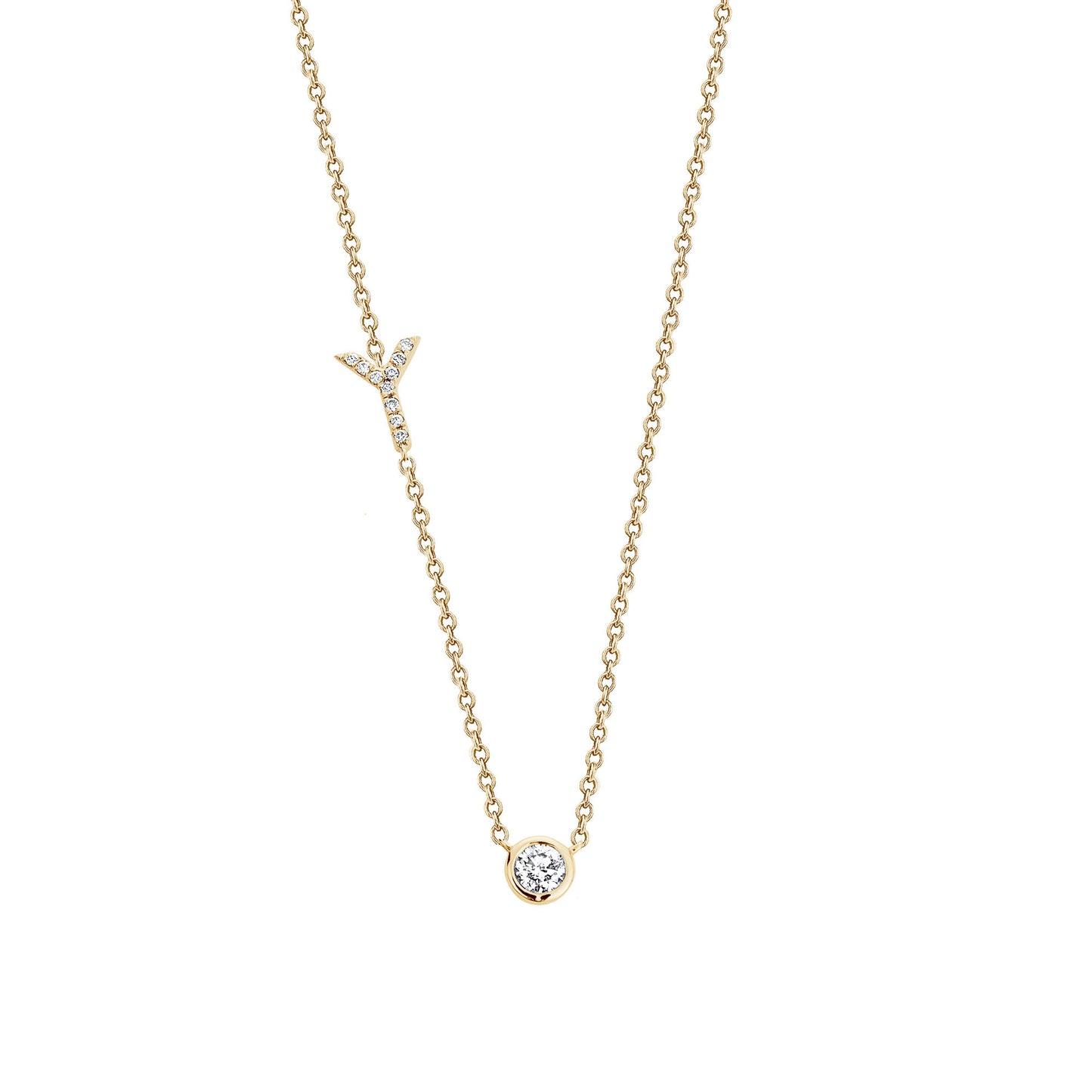 Bezel Diamond + Initial on Chain Necklace in Yellow Gold